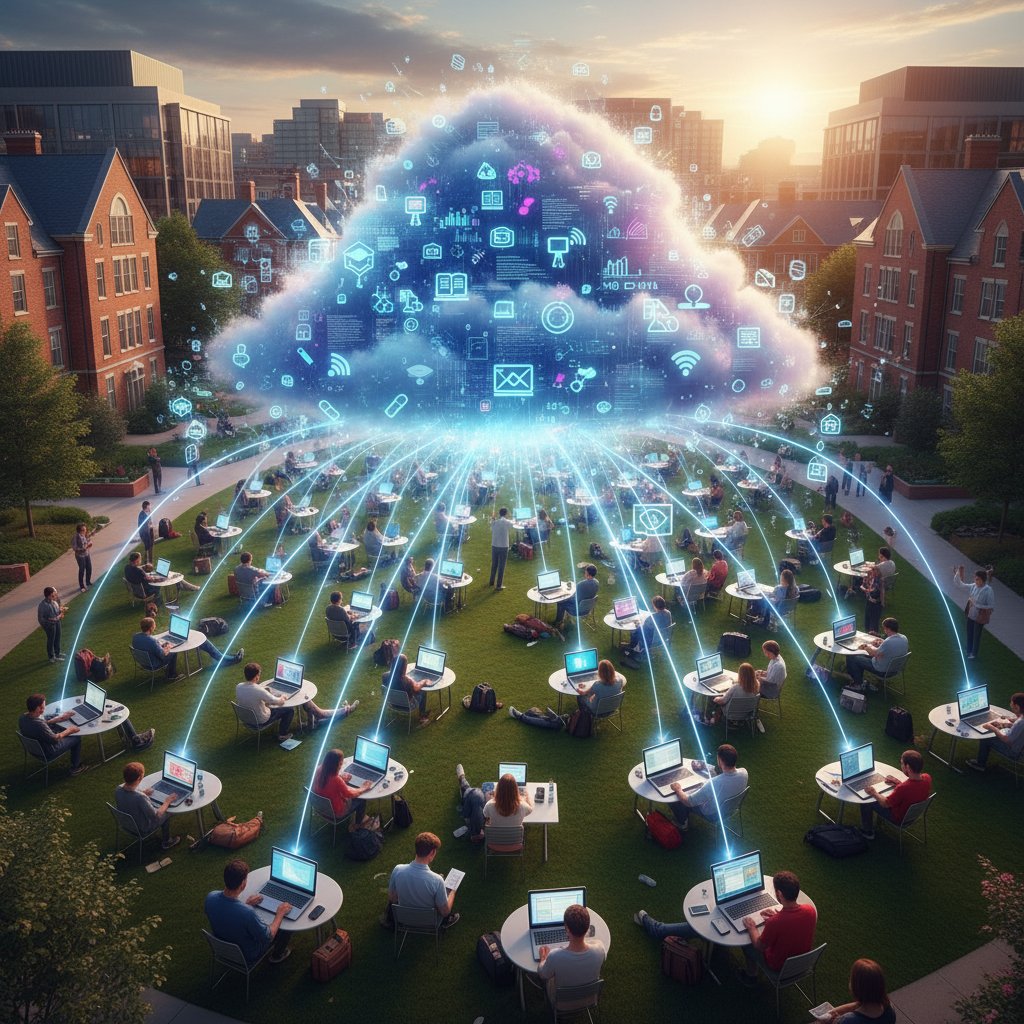 Retro-styled digital collage showing a university campus morphing into a cloud of digital data, students transitioning from libraries to laptops