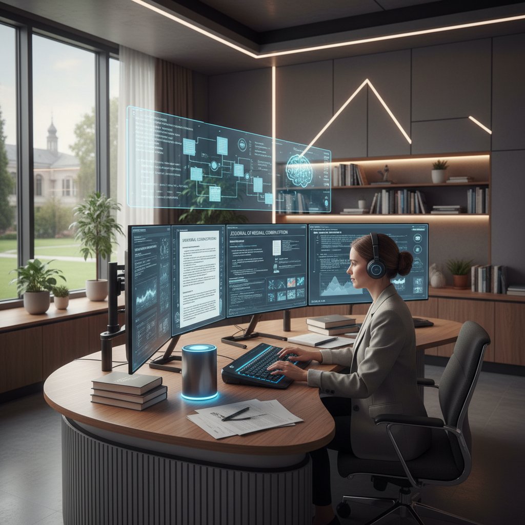 A university researcher using AI tools for instant insights from academic papers in a bright, modern study space