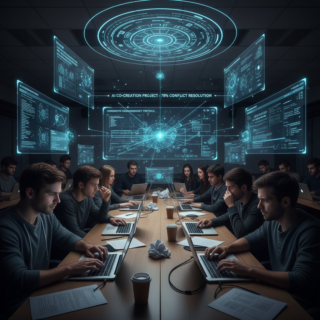 University seminar room, students using laptops with AI summarizer interfaces in a collaborative yet tense mood