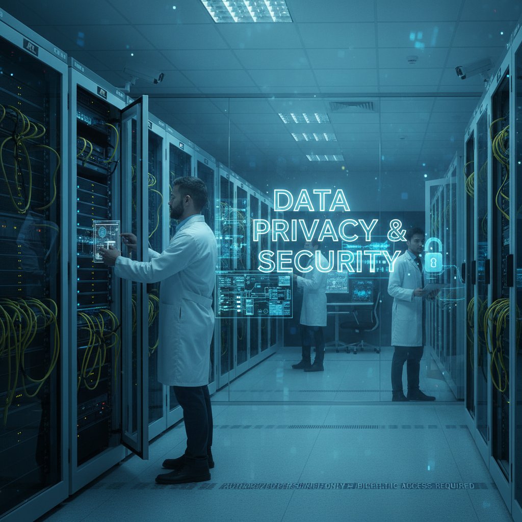 Editorial photo of a secure university server room with digital locks and visual overlays representing academic data privacy