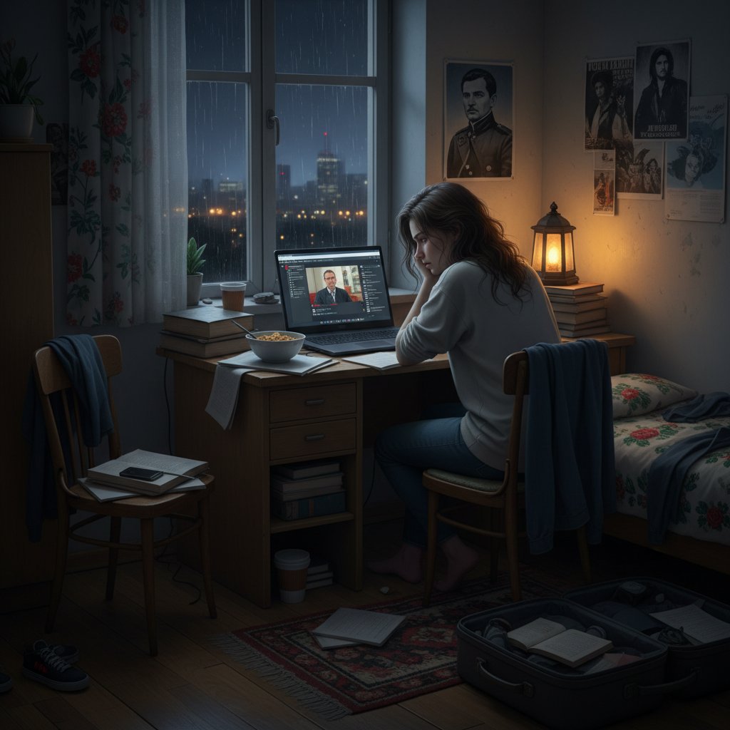 Student zestresowany podczas nauki online, laptop i notatki na biurku, klimat polskiego akademika