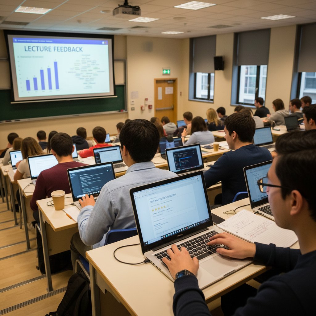 Sala wykładowa z laptopami, studenci otrzymują feedback na platformie edukacyjnej