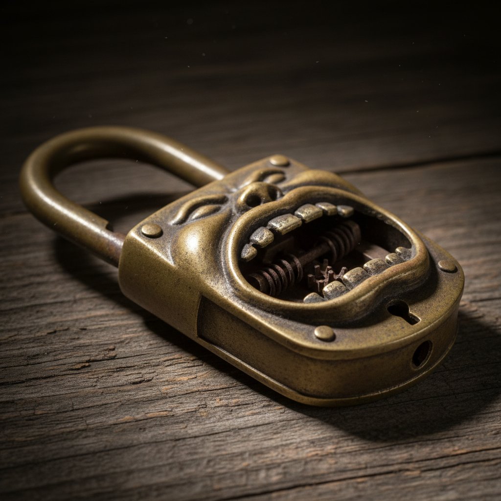 Otwarta kłódka nad ustami symbolizująca wolność wypowiedzi, rozmowy bez presji