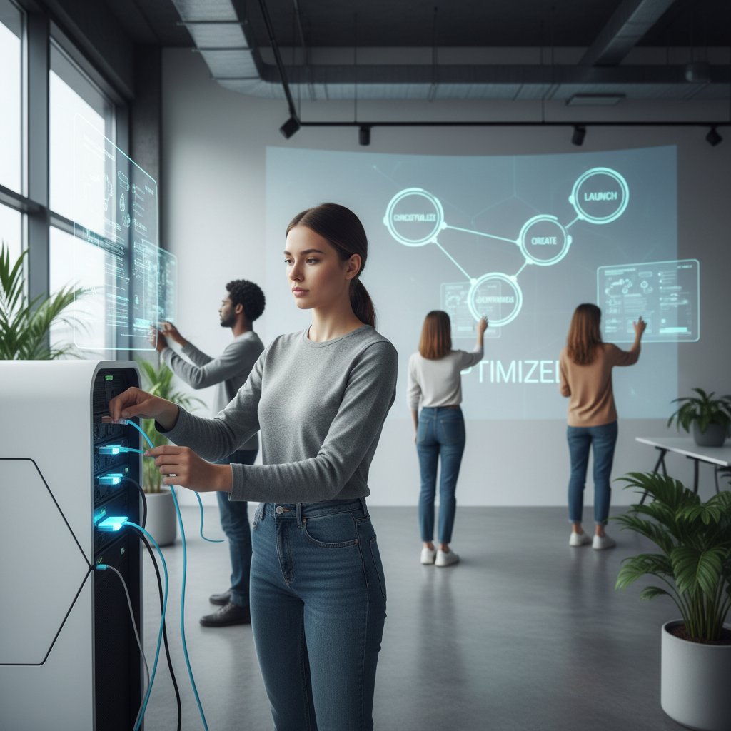 Person unplugging a device in a messy tech hub, representing streamlining and humanizing project technology and workflow optimization