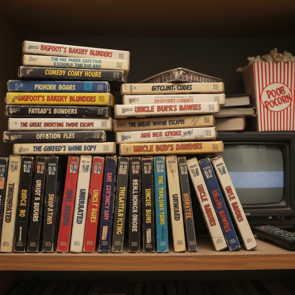 Vintage VHS unrated comedy collection, retro tapes, neon colors, keyword: 'unrated comedy movie history, vhs comedy tapes, movie unrated comedy movies'