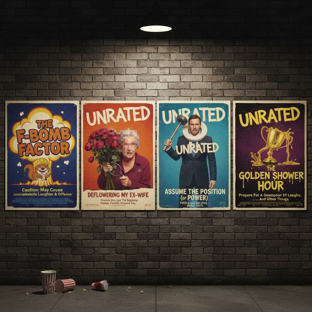 Iconic unrated comedy movie posters in neon collage, keyword-rich alt text: 'Unrated comedy movie posters, movie unrated comedy movies, bold edgy humor'