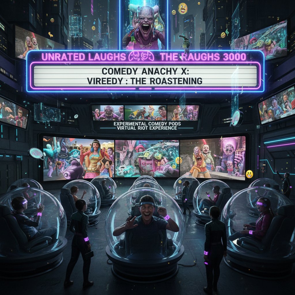 The future of unrated comedy movies, futuristic cinema, holographic screens, keyword: 'unrated comedy movies future, movie unrated comedy movies, cinema innovation'