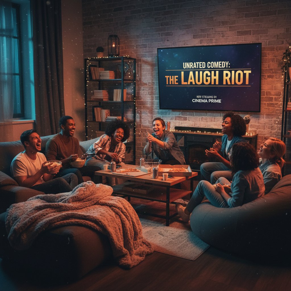 Friends discover unrated comedy on streaming, modern living room, shocked laughter, keyword: 'unrated comedy movies streaming, group watching, movie unrated comedy movies'