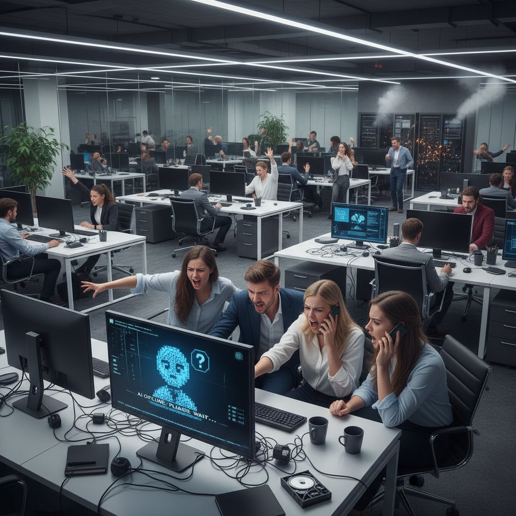 Employees wrestling with a malfunctioning AI tool in a modern office setting