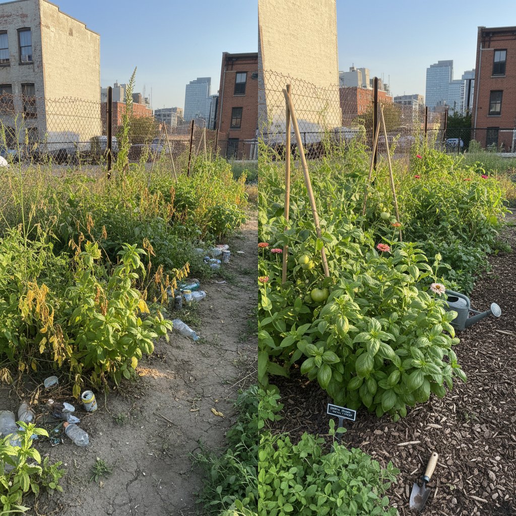 Porównanie: zaniedbane i zadbane rośliny w ogrodzie miejskim, realizm