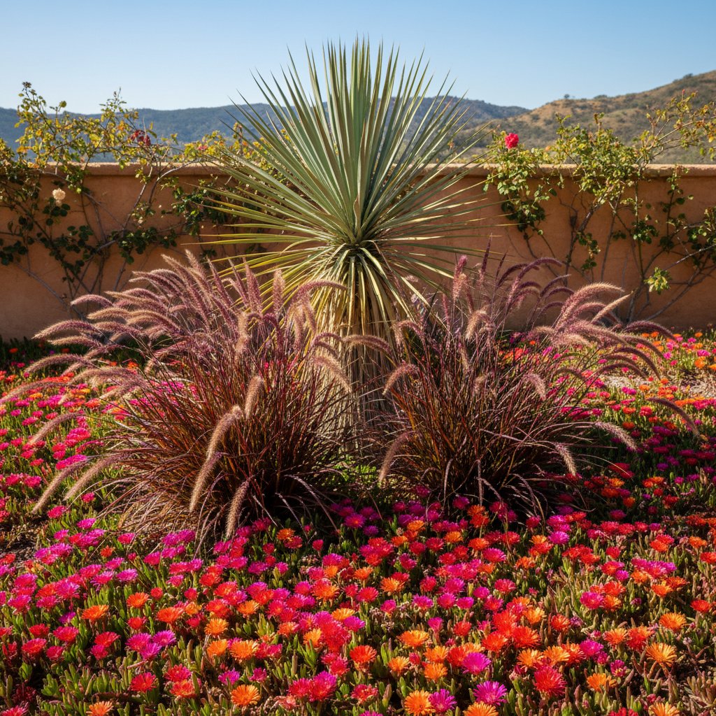 Oryginalna rabata słoneczna z nietypowymi połączeniami roślin kwitnących i traw