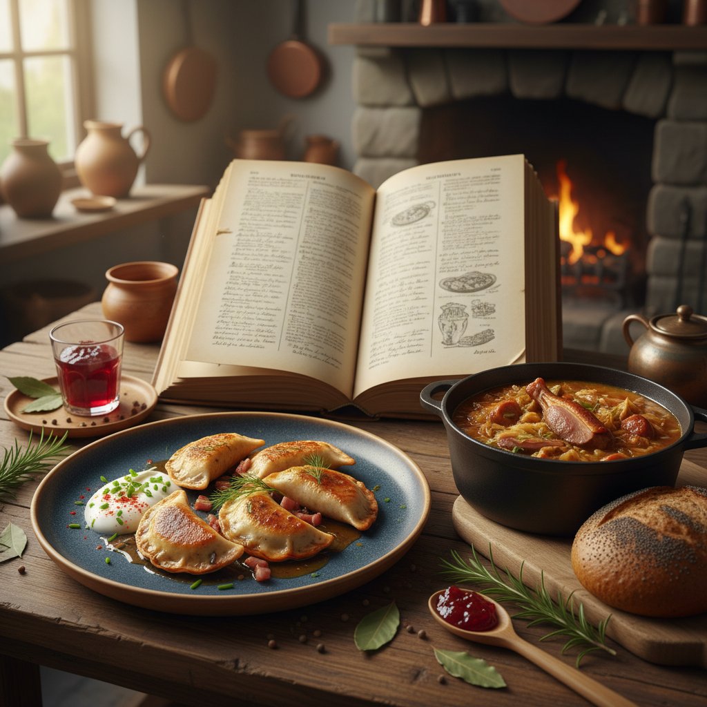 Unowocześnione polskie danie, otwarta stara książka kucharska – tradycja i nowoczesność