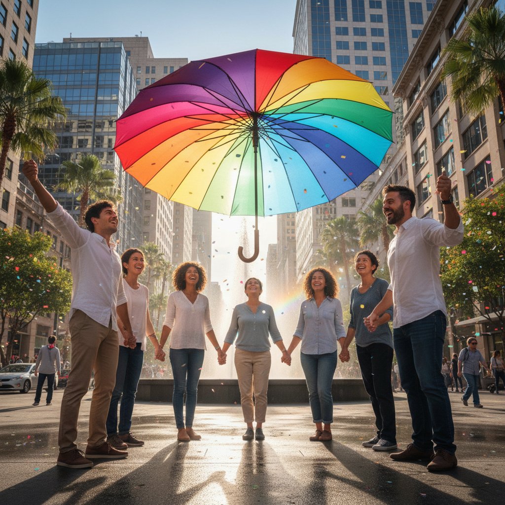 Wspólna walka z transfobią – różnorodna grupa osób pod tęczową parasolką