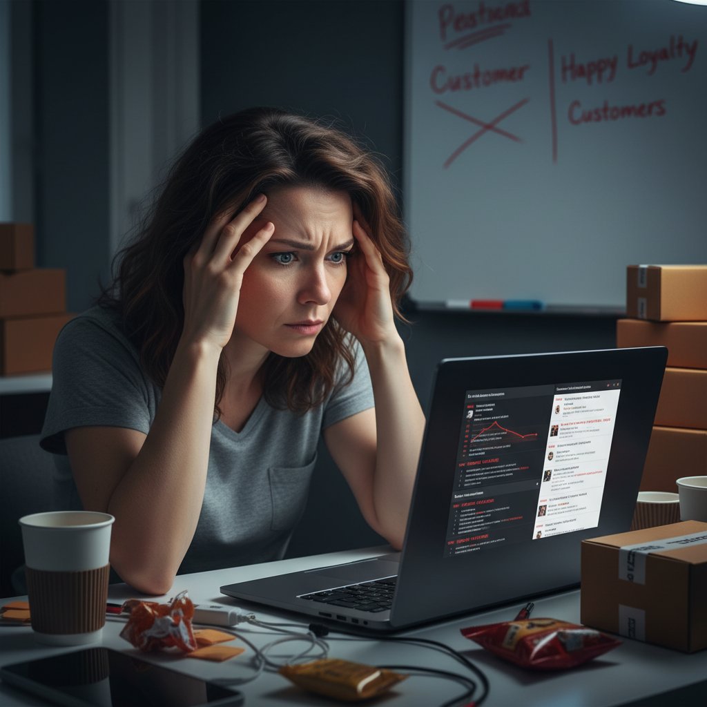 Załamany właściciel sklepu internetowego czytający negatywne opinie po nieudanym wdrożeniu automatyzacji emaili