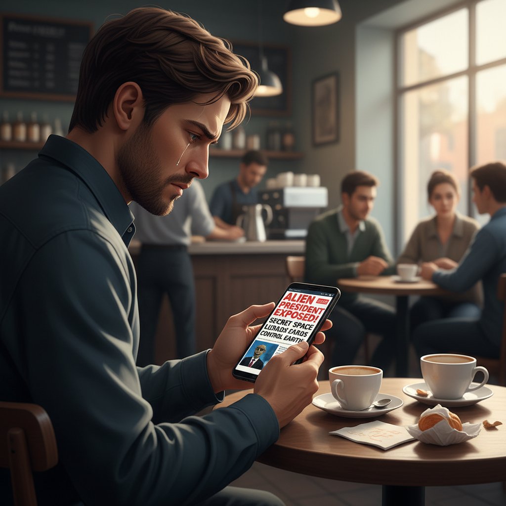 Zdenerwowana osoba czytająca fałszywy news na telefonie w kawiarni