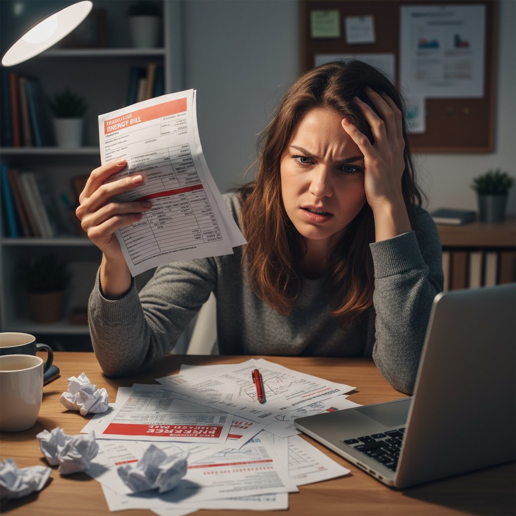 Kobieta analizująca rachunek za energię z widoczną frustracją – spory z dostawcą energii