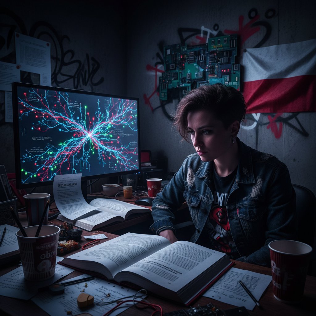 Młody badacz analizujący zawiłe modele NLP w miejskim laboratorium