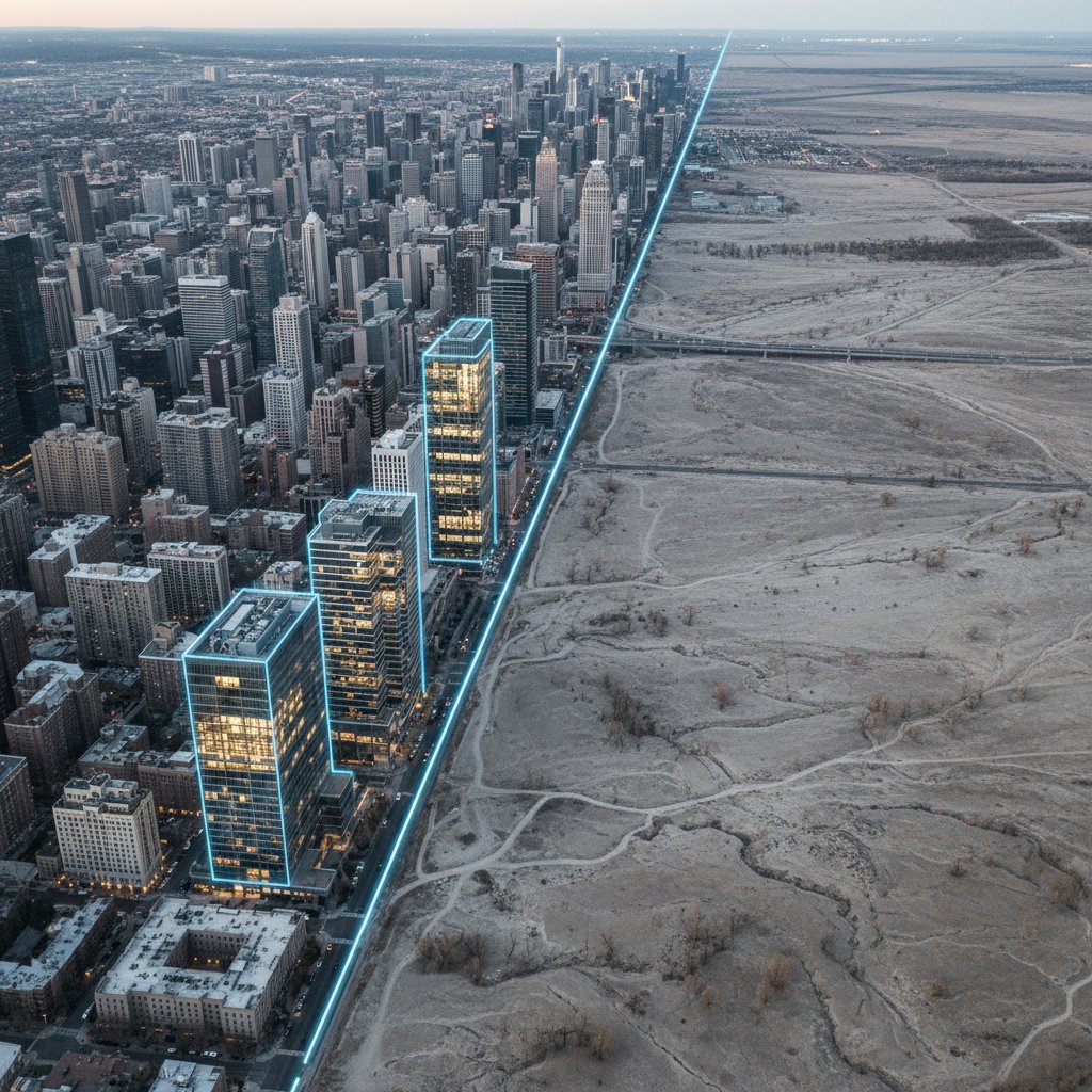 Panorama miasta z zaznaczonymi gabinetami terapeutycznymi kontra pusta wieś