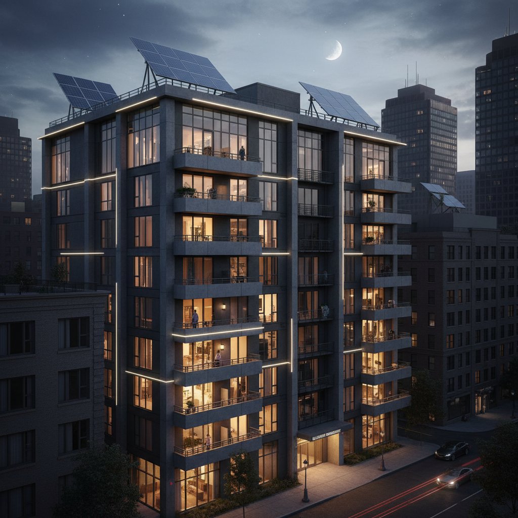 Apartment equipped for blackout resilience with emergency lights and solar panels