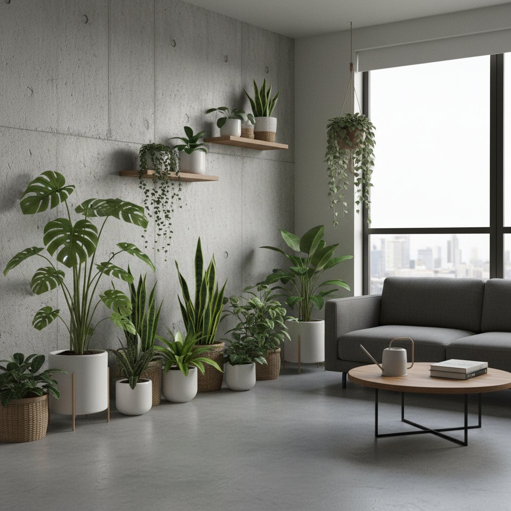 Nowoczesny apartament w bloku z dużą ilością roślin doniczkowych, światło i betonowa ściana