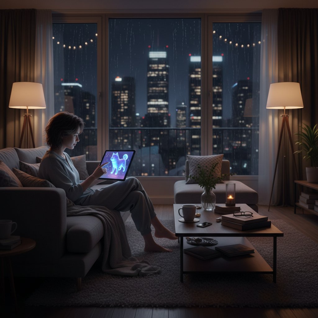 Osoba spoglądająca na ekran tabletu z wirtualnym psem w przytulnym mieszkaniu nocą, ilustracja relacji cyfrowej i pieska AI