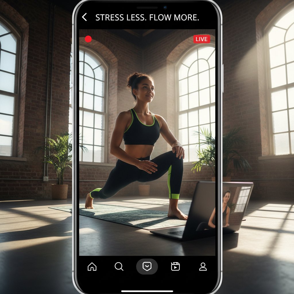 Osoba w miejskim mieszkaniu wykonująca ćwiczenia online na macie, laptop, dynamiczne światło, temat redukcji stresu