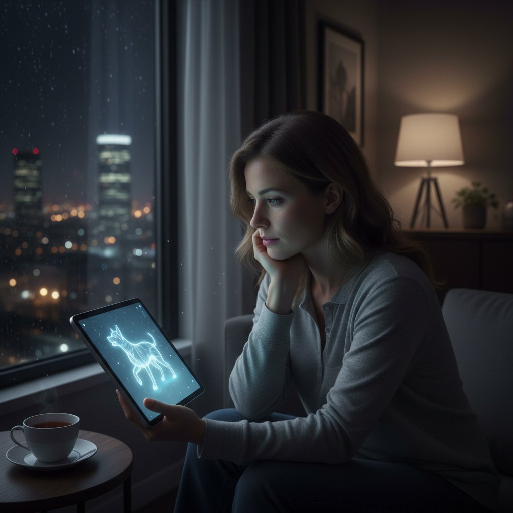 Frau betrachtet digitalen Hund auf Tablet im abgedunkelten Wohnzimmer.