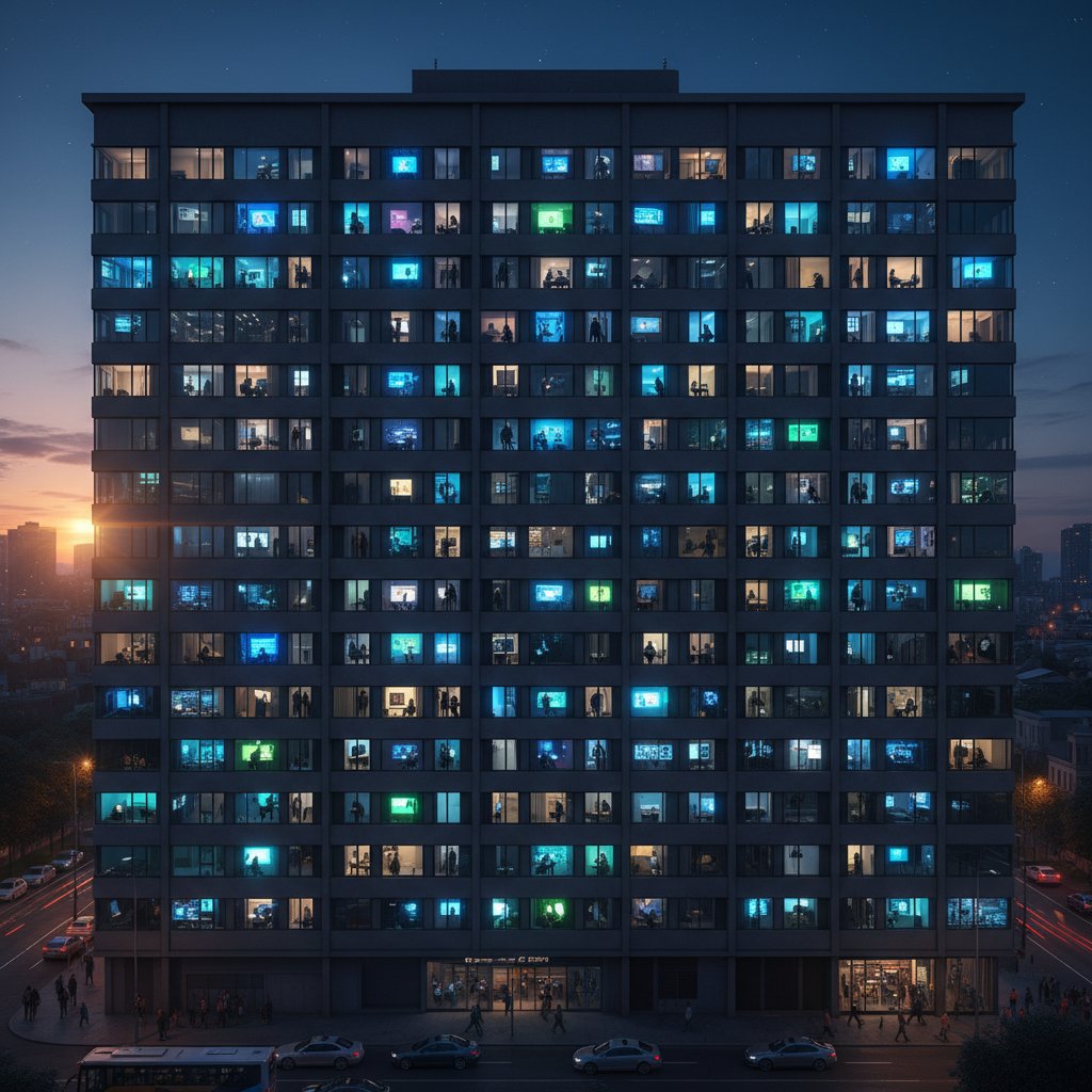 Blok mieszkalny wieczorem z mieszkańcami przy komputerach i tabletach, symbolizujący miejskie życie z cyfrowymi alternatywami