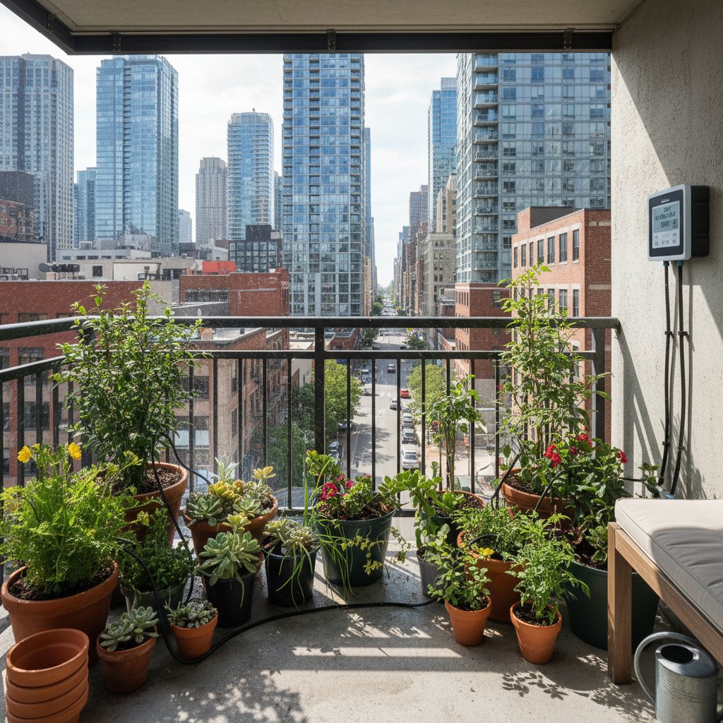 Zielony balkon miejski z automatycznym nawadnianiem i doniczkami – trend 2025