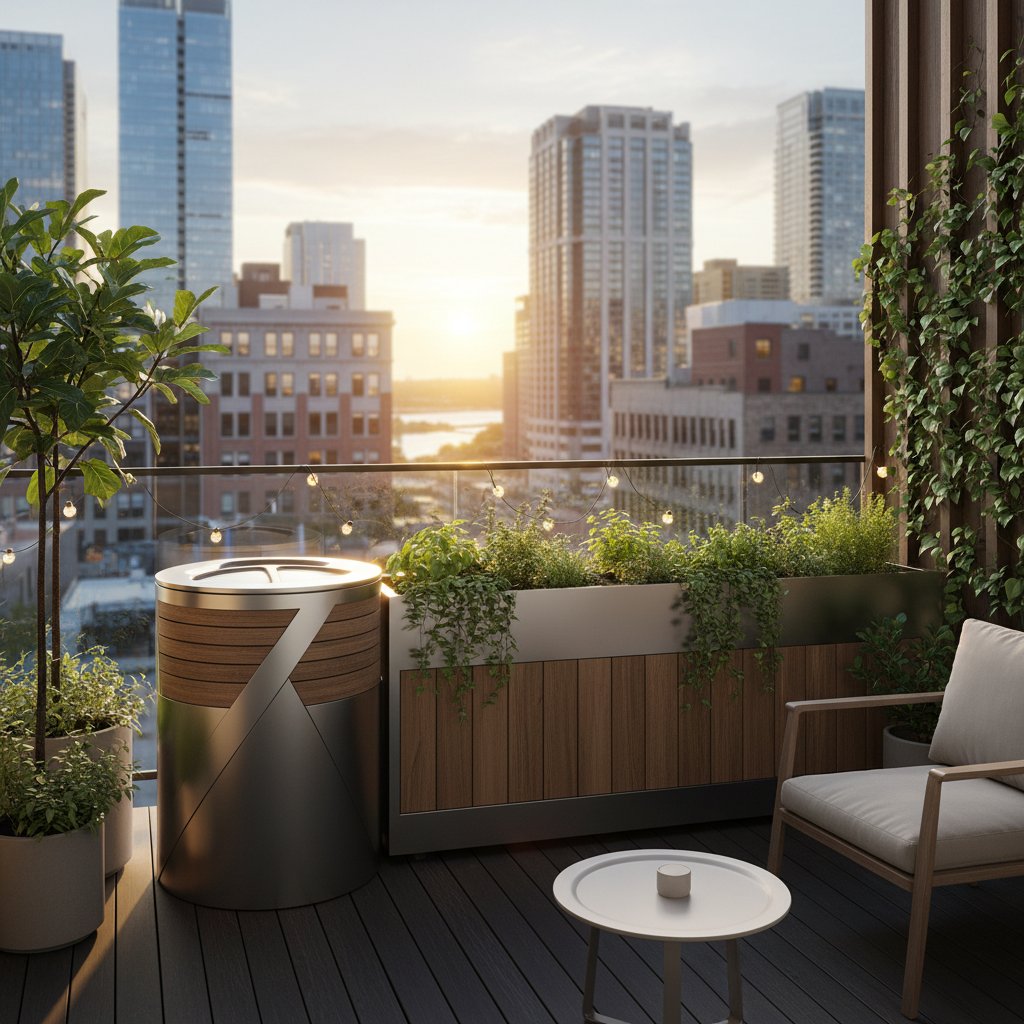 Nowoczesny kompostownik na miejskim balkonie, pośród kwiatów i doniczek