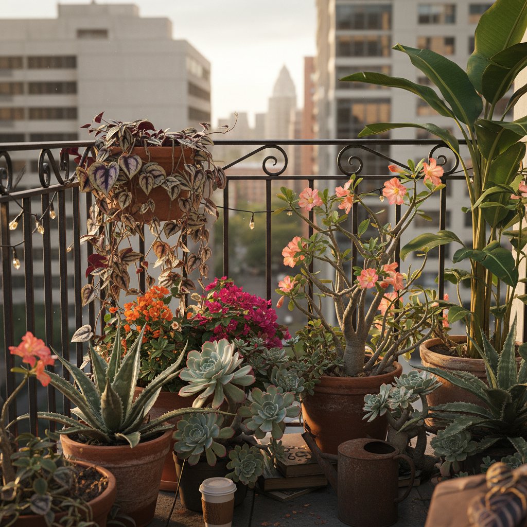Egzotyczne i wytrzymałe rośliny balkonowe, miejski zachodni balkon, dynamiczne światło