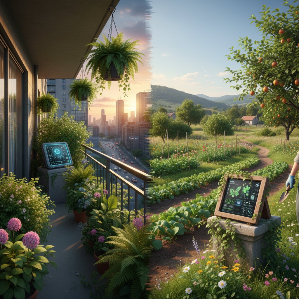 Miejski i wiejski ogród korzystające z AI, użytkownicy zadowoleni, podział ekranu