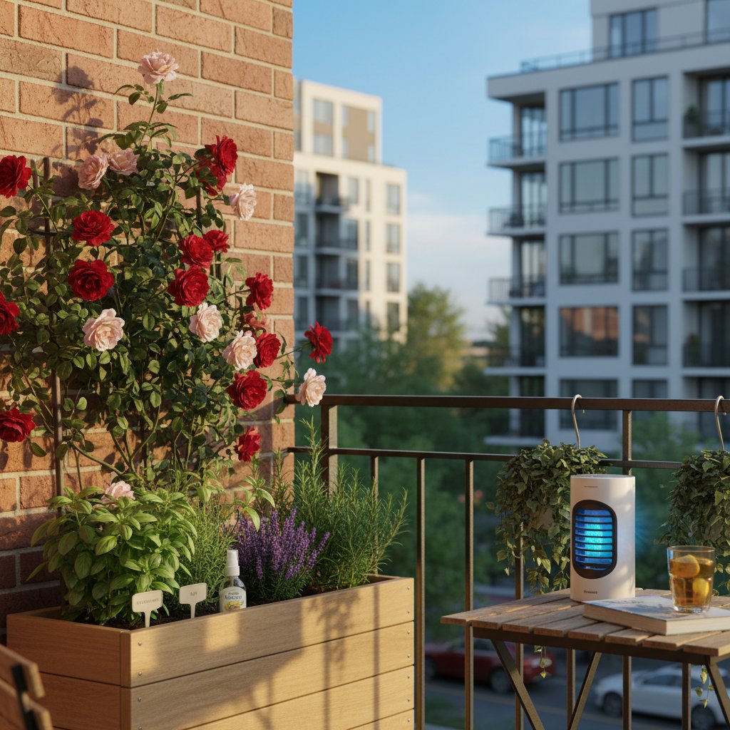 Róże na balkonie wśród ziół odstraszających szkodniki