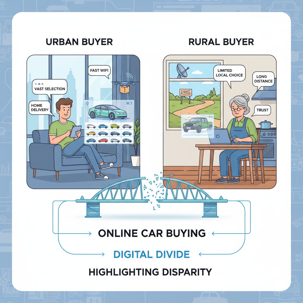 Split-screen photo: urban online car buyer at laptop, rural buyer with tablet in field, highlighting digital divide