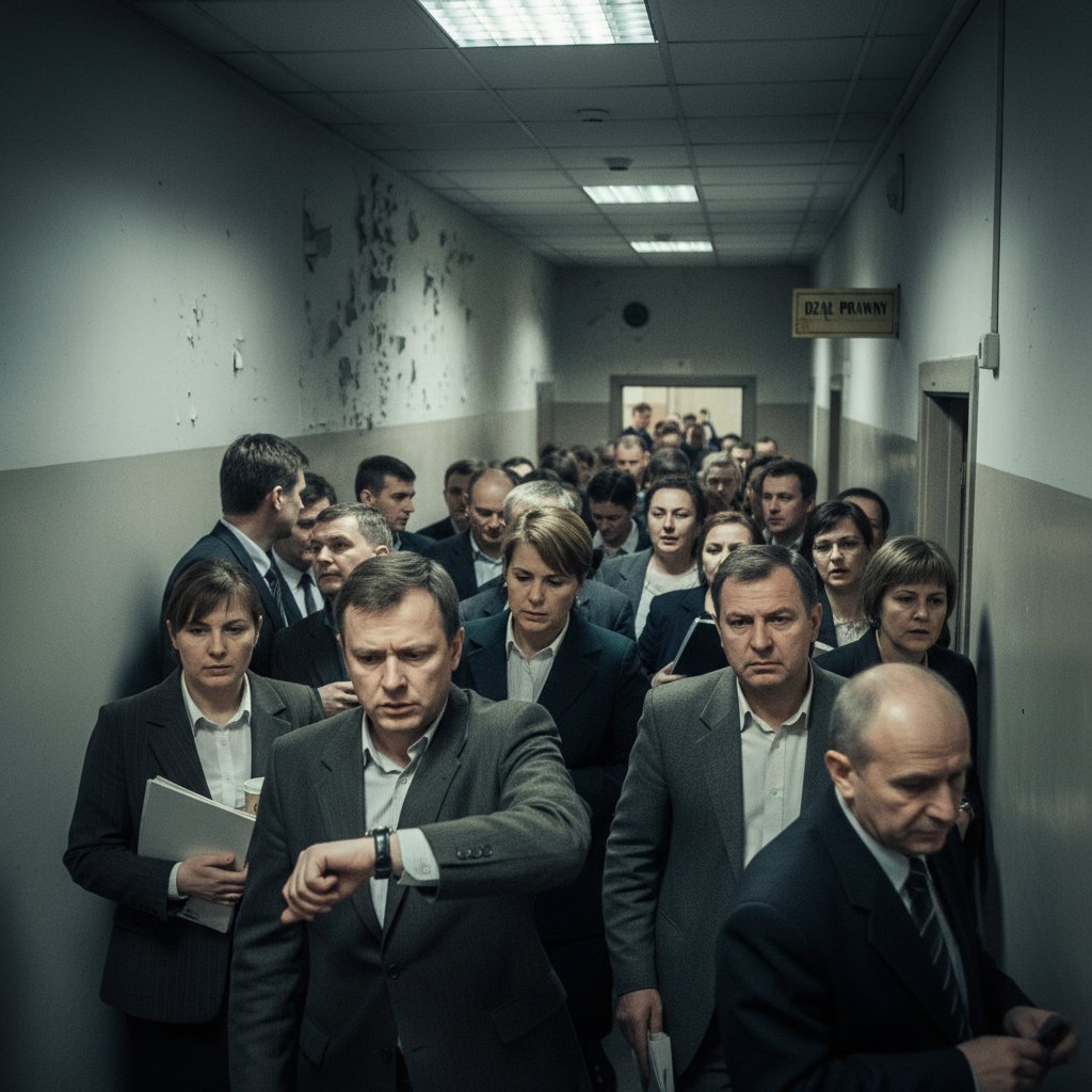 Kandydaci czekający na rozmowę kwalifikacyjną w biurowcu w Polsce, napięta atmosfera, rekrutacja