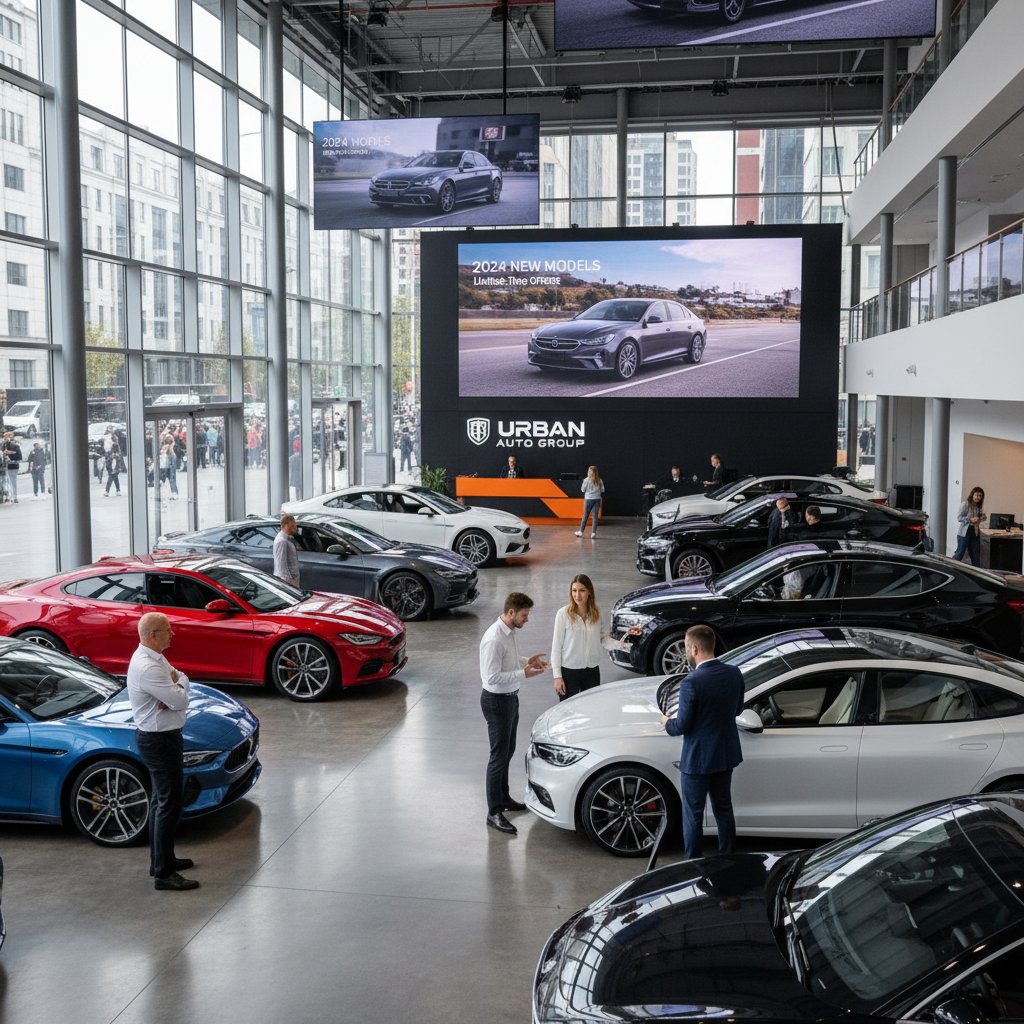 Urban car dealership scene with 2024 cars and buyers under harsh lights