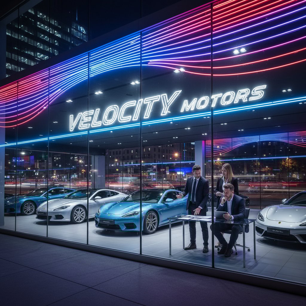 Urban car dealership at dusk, neon lights, lone buyer negotiating with dealer at night in urban car lot, car buying and dealer incentives