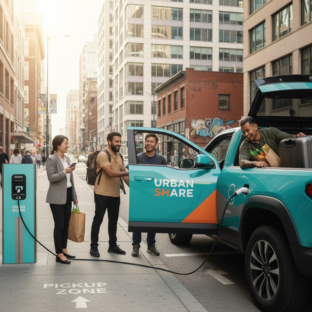 Urban car-sharing pickup with diverse users, highlighting mobility shifts in automotive demographics