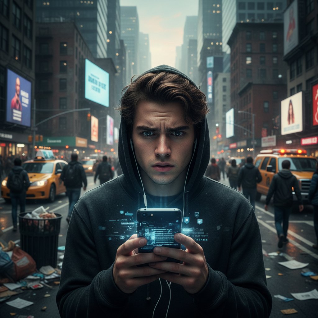 Zdjęcie wielkomiejskiego chaosu, młoda osoba z telefonem, stresujące otoczenie