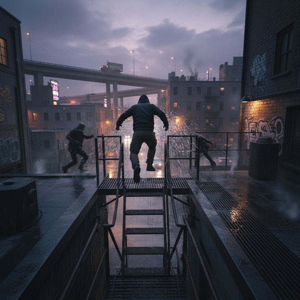 High-energy action scene typical of Russo brothers movies, featuring urban chase with dynamic camera and moody lighting