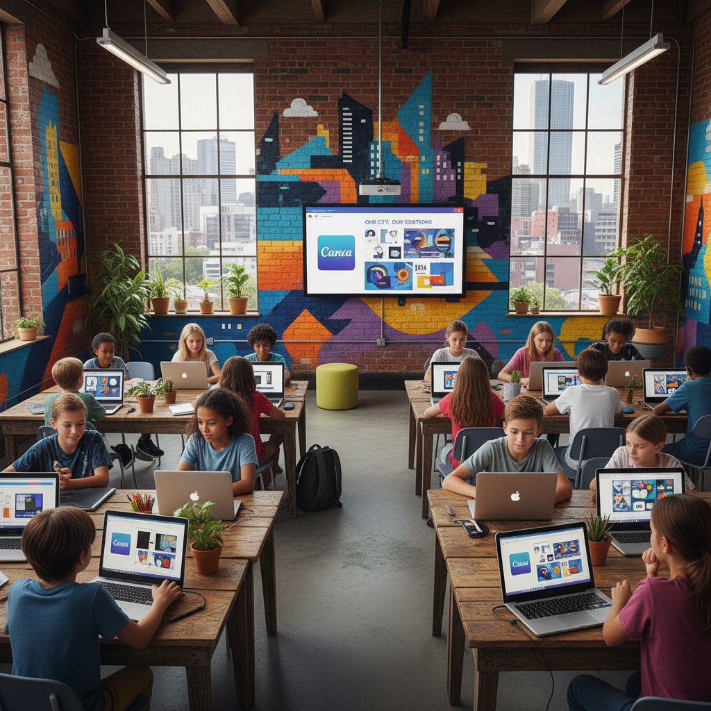 Uczniowie w miejskiej klasie, pracujący na laptopach i tabletach z Canva, twórcza atmosfera