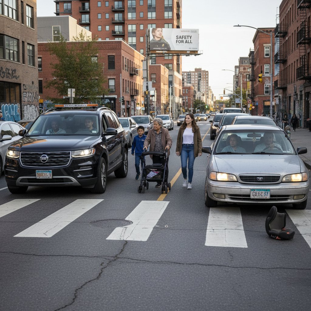 Urban community with diverse families, visible crosswalks, old and new cars, car safety inequity scene