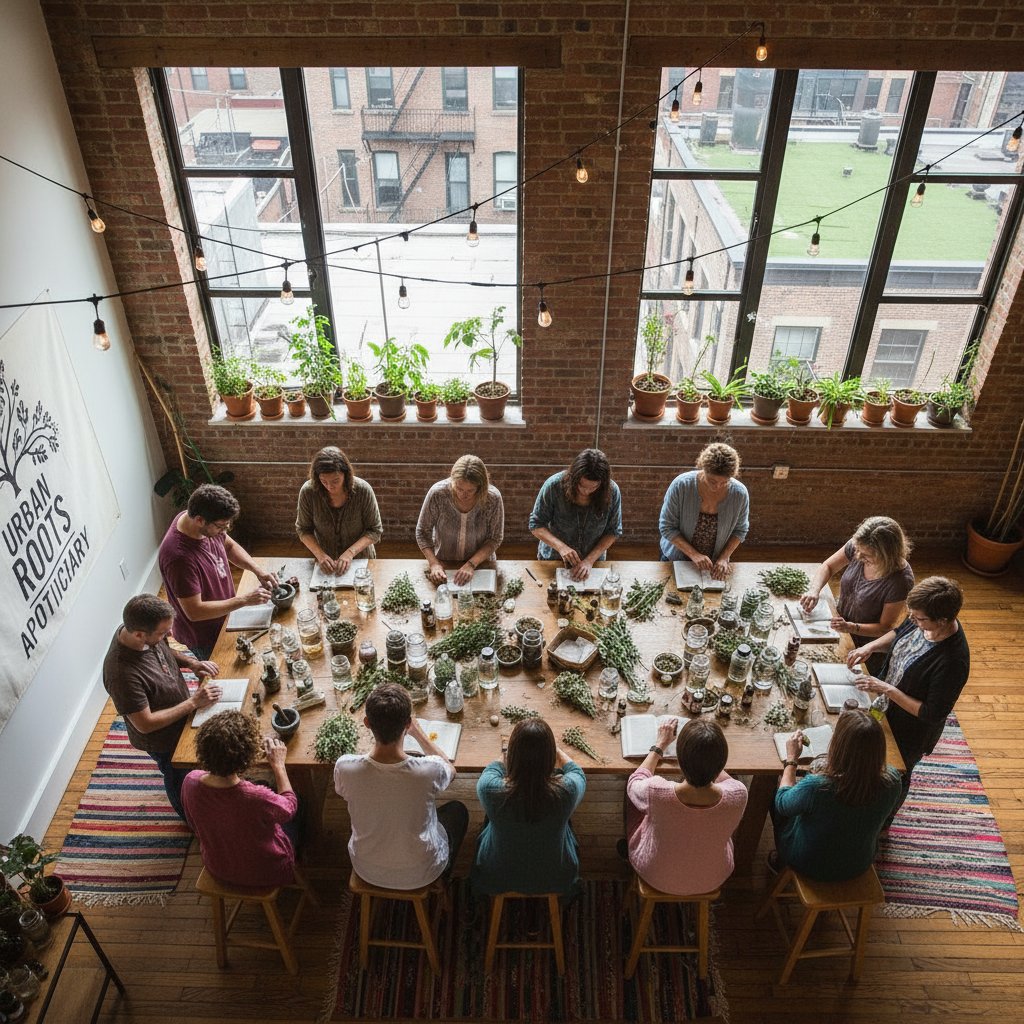 Warsztaty ziołowe w miejskiej społeczności – widok z góry