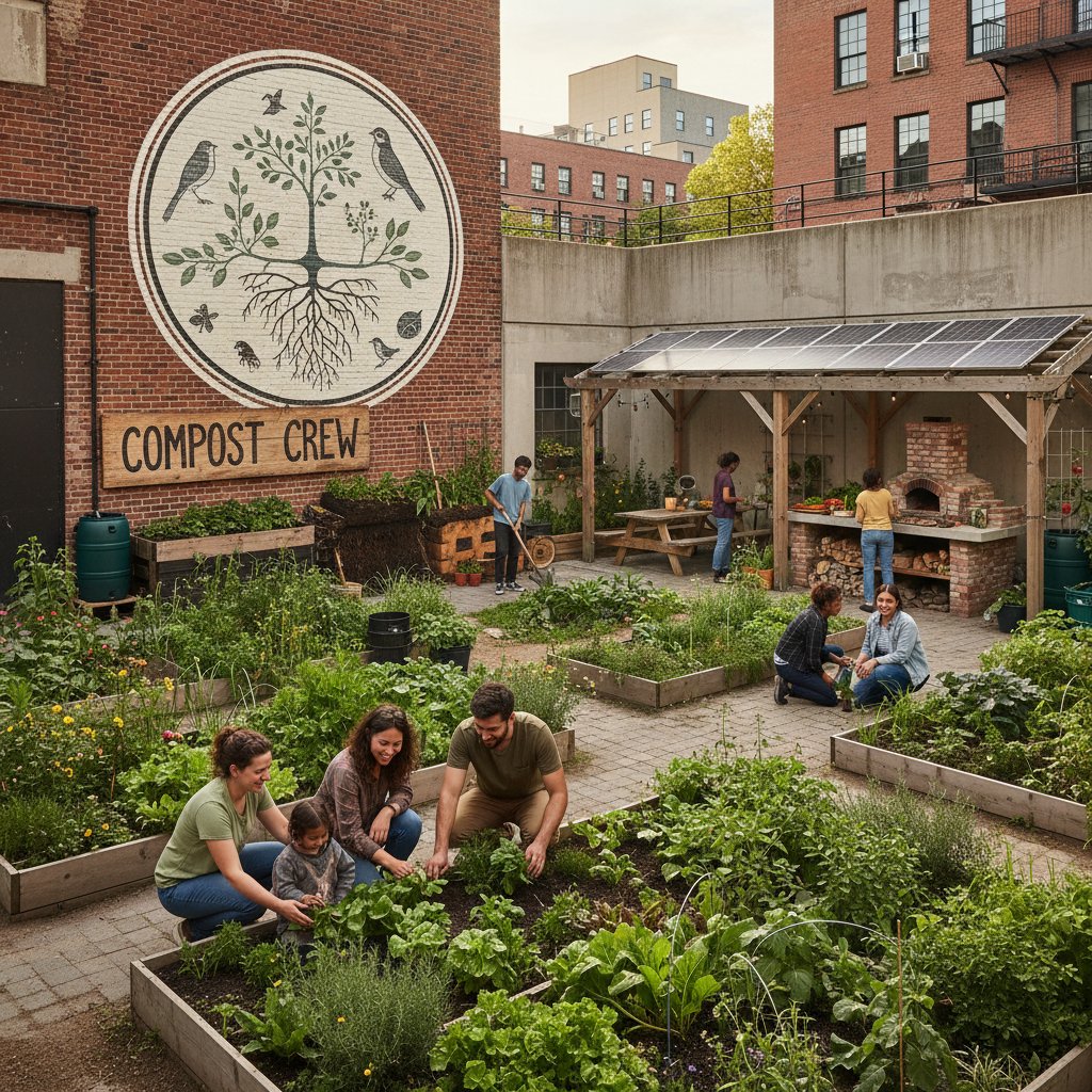 Miejski ogród społeczny – ludzie wspólnie pracują przy grządkach ekologicznych