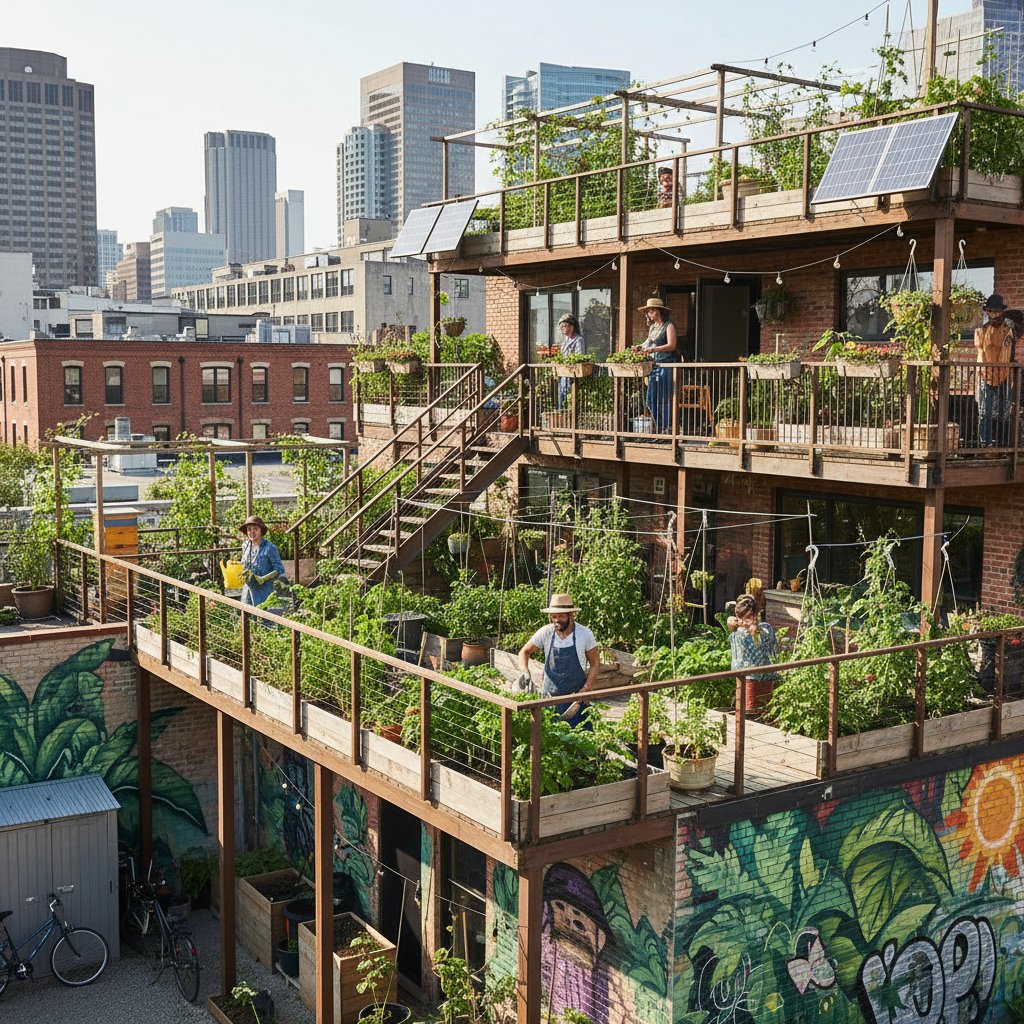 Widok na wspólnotowy ogród miejski z balkonami w tle, ludzie pracujący przy roślinach