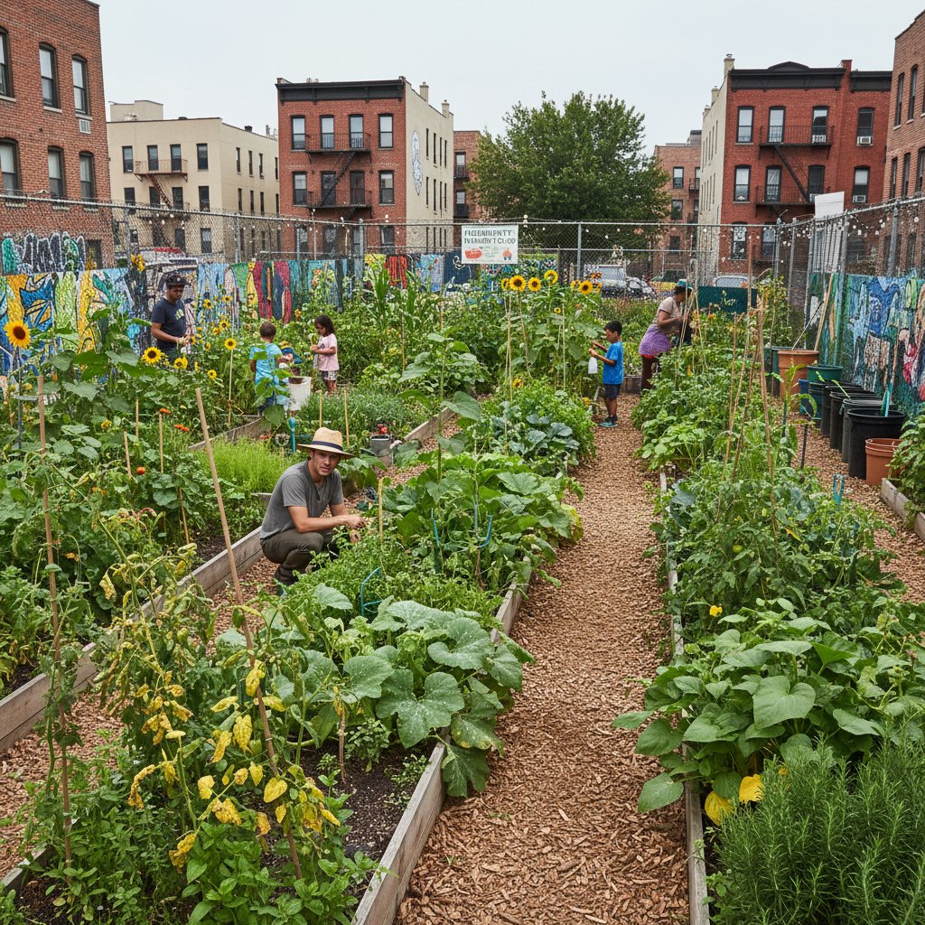 Miejski ogród społecznościowy, różnorodne nasadzenia, tablice informacyjne o chorobach roślin