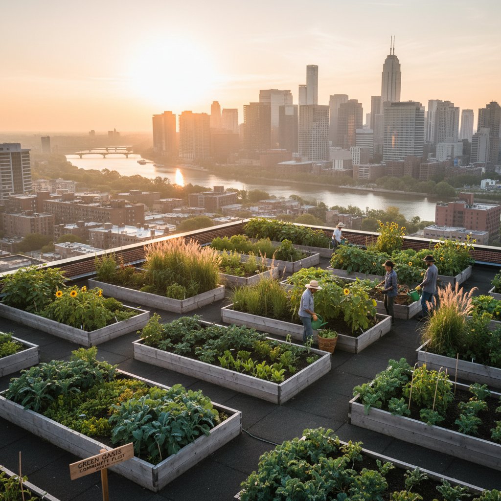 Miejski ogród społecznościowy z podniesionymi rabatami