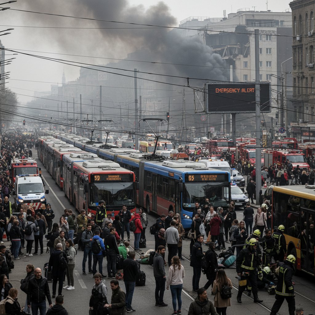 Sytuacja kryzysowa podczas awarii komunikacji miejskiej w Warszawie, z widocznymi służbami i zdezorientowanymi pasażerami