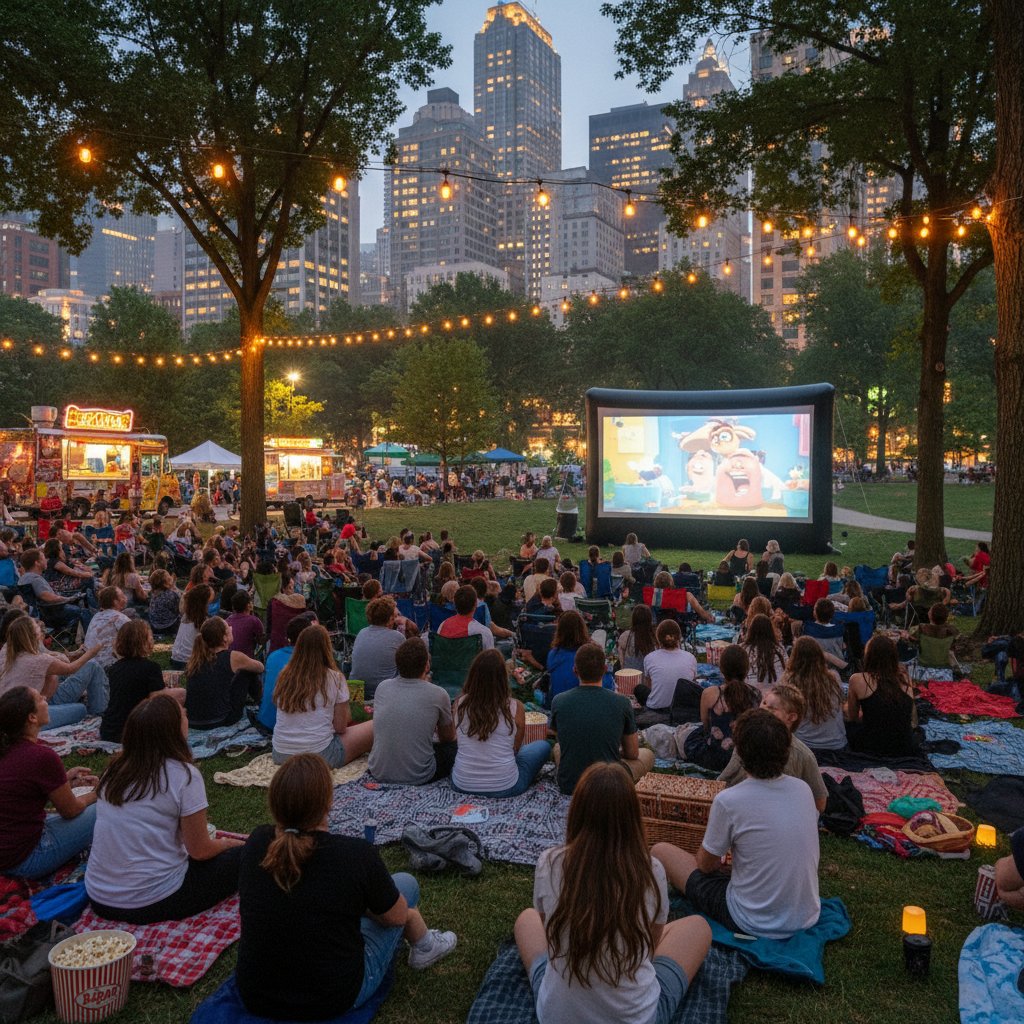 Urban crowd laughing at outdoor movie night