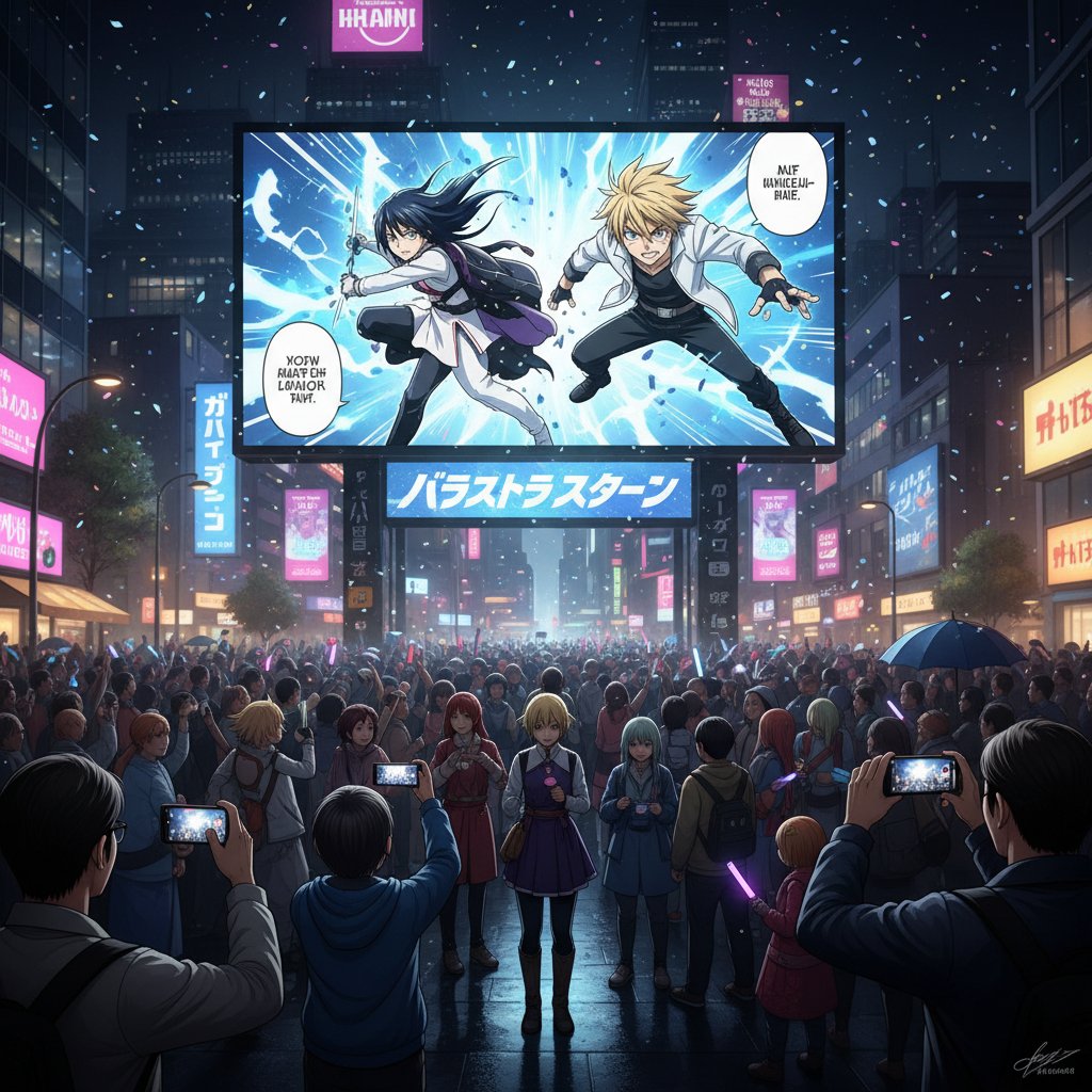Diverse crowd at manga adaptation premiere, urban night scene with giant screen, manga adaptation pop culture event